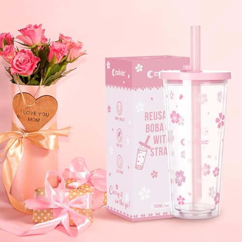 Reusable Plastic Boba Cup With Lids And Straws, 24Oz/700ml Smoothie Cups, Iced Coffee Cup, Leakproof Kawaii Cup, Boba Tumbler With Boba Reusable Straw,Double Wall Clear Bubble Tea Cup - color: Pink