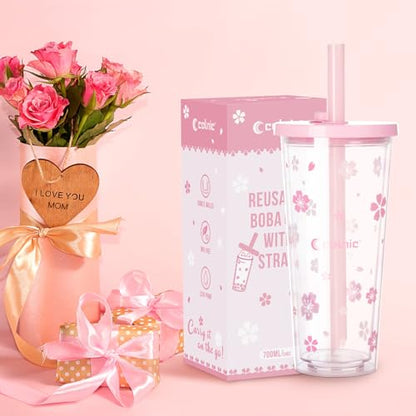 Reusable Plastic Boba Cup With Lids And Straws, 24Oz/700ml Smoothie Cups, Iced Coffee Cup, Leakproof Kawaii Cup, Boba Tumbler With Boba Reusable Straw,Double Wall Clear Bubble Tea Cup - color: Pink