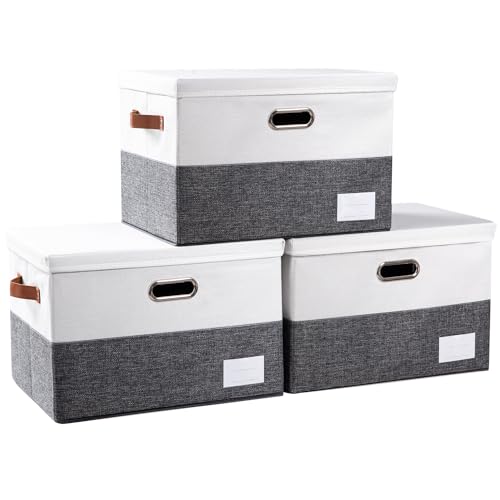 Foldable Storage Bins with Lids [3-Pack] Fabric Collapsible Storage Boxes Baskets Cubes Containers with Handles for Closet Living Room Bedroom (Grey & White 17.7x11.8x11.8'') - color: Grey & White, size: L(3-Pack)