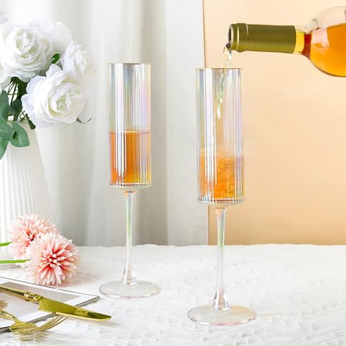 Joeyan Iridescent Gold Rim Ribbed Champagne Flutes Glasses Set of 2, 7oz Square Hand Blown Crystal Prosecco Glasses for Toasting, Sparkling Wine, Mimosas, Cocktails, Wedding, Party, Anniversary, Gift - color: Iridescent champagne glasses