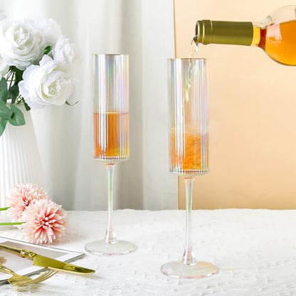 Joeyan Iridescent Gold Rim Ribbed Champagne Flutes Glasses Set of 2, 7oz Square Hand Blown Crystal Prosecco Glasses for Toasting, Sparkling Wine, Mimosas, Cocktails, Wedding, Party, Anniversary, Gift - color: Iridescent champagne glasses