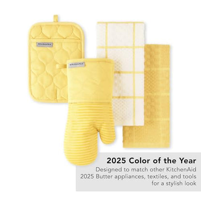 KITCHENAID Quilted Cotton Terry Cloth Oven Mitt, Pot Holder, Kitchen Towel 4-Pack Set, Heat Resistant, Silicone Grip, 16"x26", 7"x13" & 7"x10", Butter Yellow - color: Butter Yellow