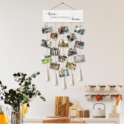 Love Makes A House Family Photo Hanging Display Board with 16 Clips, Rustic Wood Picture Collage Frame with Tassels Farmhouse Wall Decor - color: Love Makes A House