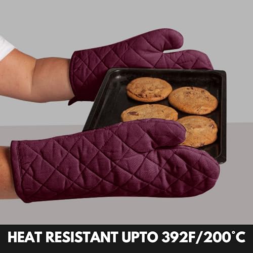 Oven Mitt (7"x13") & Pot Holder (8"x8") 100% Cotton Set of Heat Resistant Oven Gloves & Hot Pads for Gifts, BBQ, Cooking, Baking, Thanksgiving - Burgundy Wine - color: Burgundy Wine