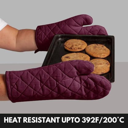 Oven Mitt (7"x13") & Pot Holder (8"x8") 100% Cotton Set of Heat Resistant Oven Gloves & Hot Pads for Gifts, BBQ, Cooking, Baking, Thanksgiving - Burgundy Wine - color: Burgundy Wine