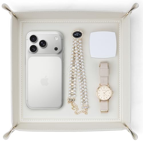 VLANDO Valet Tray Organizer, PU Leather Catchall Tray for Vanity, Beige | Large Jewelry Vanity Tray for Keys, Wallet, Watch, Phone, Glasses and Perfume, Nightstand Dresser Desk Entryway Organizer - color: Beige, size: 11'' x 11'' x 0.2''