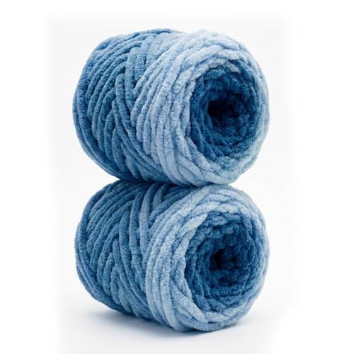 Beginner Chunky Yarn for Hand Knitting Ombre Blankets, Plush Chenille Fade | Long-fade ombre chenille chunky yarn - #7 Jumbo - 42oz/1200g - 162 Yards - Deep Sea Blue - color: Deep Sea Blue (0.8" Thick)