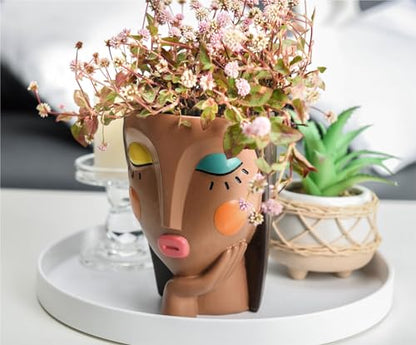 Saysmile Face Planter Pots for Indoor Plants, Resin Head Planter Succulent Planter Flower Planter Cute Girl Head Pots with Drainage Hole - Painted Thinking Girl Closed Eyes - color: Thinking - Painted