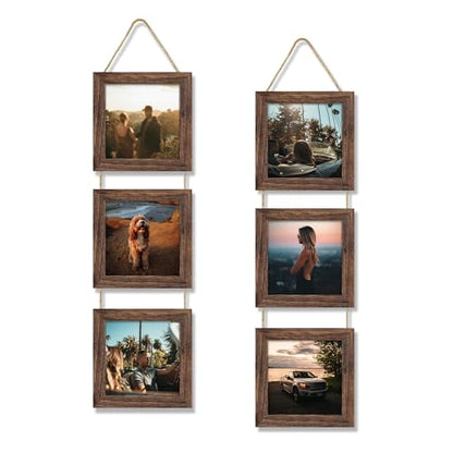 6x6 Collage Picture Frames Set of 2, Rustic Wooden Real Glass Vertical Hanging 3 Opening 6 by 6 Photo Frame, Distressed Brown - color: Distressed Brown, size: Vertical-6x6 in