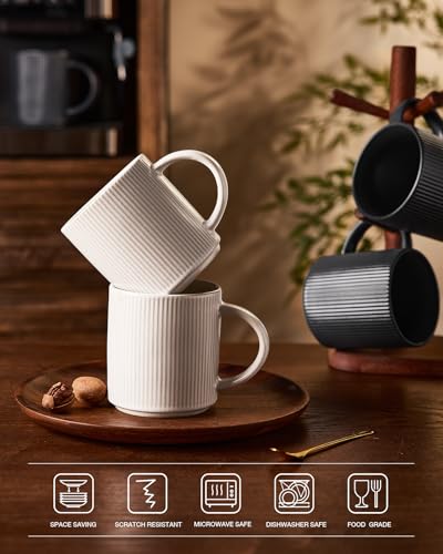 famiware Coffee Mug Set of 4, Star 16 oz Large Mugs Cup Set with Handle | Ceramic Mug for Coffee, Latte, Tea, Stackable Drinkware Set, Microwave & Dishwasher Safe, Matte White + Matte Dark Charcoal - color: Matte White + Matte Dark Charcoal, size: 4 Count