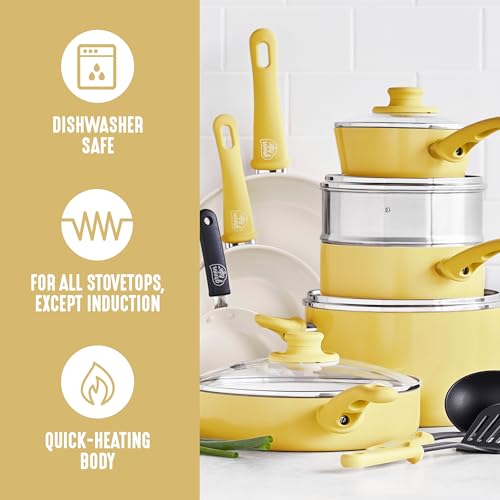 GreenLife 16 Piece Ceramic Nonstick Pots & Pans Cookware Set, Yellow | PFAS-Free Nonstick Coating, Stockpot, Frying Pans, Saucepans, Sauté Pan, Stay-Cool Handles, Dishwasher & Oven Safe up to 350F - color: Yellow, style: Soft Grip