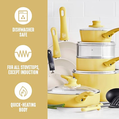 GreenLife 16 Piece Ceramic Nonstick Pots & Pans Cookware Set, Yellow | PFAS-Free Nonstick Coating, Stockpot, Frying Pans, Saucepans, Sauté Pan, Stay-Cool Handles, Dishwasher & Oven Safe up to 350F - color: Yellow, style: Soft Grip