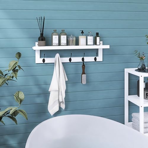 SMIBUY Coat Hooks with Shelf Wall-Mounted, 29.2 Inch Entryway Coat Rack for Wall, Bamboo Hanging Shelf with 5 Double Metal Hooks for Bathroom, Bedroom, Kitchen, Living Room (White + Black) - color: White + Black