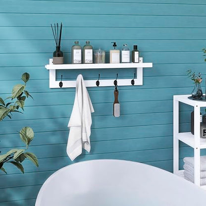SMIBUY Coat Hooks with Shelf Wall-Mounted, 29.2 Inch Entryway Coat Rack for Wall, Bamboo Hanging Shelf with 5 Double Metal Hooks for Bathroom, Bedroom, Kitchen, Living Room (White + Black) - color: White + Black