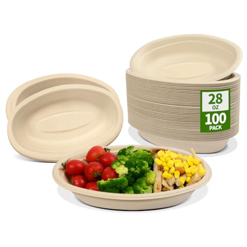 28 oz Oval Paper Bowls 100 Pack Chipotle Style Oval Disposable Bowls | BPA Free Sugarcane Fiber Pulp Bowls, Serving Burrito, Nachos, Taco Salads, Baked Potatoes, Taco Bar Supplies for Party - size: Oval 9.69 x 6.22 x 1.65 inch