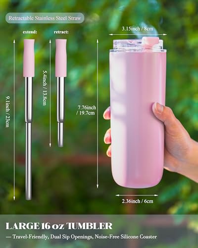 16 oz Insulated Coffee Tumblers, Travel Coffee Tumblers with Straw (Pink) | Double-Wall Stainless Steel Tumbler, Leak Proof Tumbler, Reusable Cups with Lids for lced and Hot Drinks - color: 16-Pink, size: 16 Ounces
