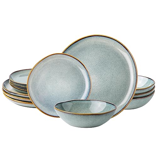 AmorArc Ceramic Dinnerware Sets for 4, 12Pcs Plates and Bowls Sets Dishes | Stoneware Handmade Reactive Glaze Dinner Set, Highly Scratch Resistant | Dishwasher & Microwave Safe Dishware - color: Ocean, size: Service for 4(12Pcs)