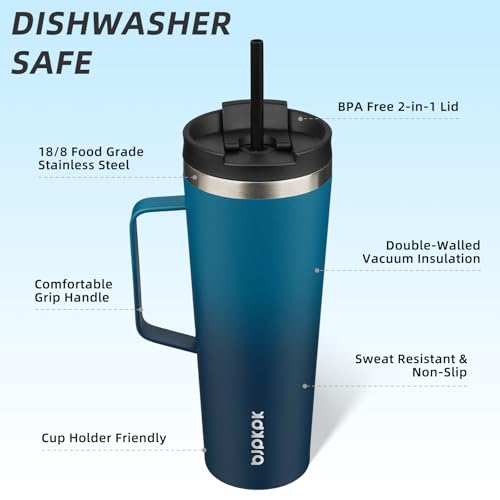 BJPKPK 26oz Insulated Tumbler with Handle, Lid & Straw, Stainless Steel | Double Wall Vacuum Insulated Coffee Travel Mug - Keeps Cold & Hot, BPA Free, Cupholder Fit for Office, Gym & Travel - color: Sea, size: 26 Ounces