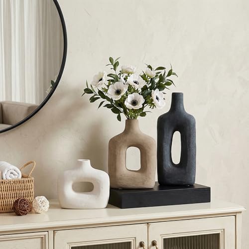 DREAMLOOM Ceramic Vase Set of 3, Black | Square Cutout, Farmhouse Rustic, Wabi-Sabi, Home Decor, Living Room Bedroom Kitchen Shelf Centerpiece - color: Antique Black Combo - Hollow Design