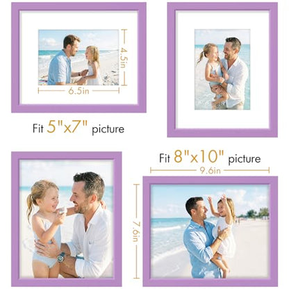 Vittanly Solid Wood 8x10 Picture Frames Set of 4, Purple | 5x7 Picture Frame with Mat, Gallery Wall Frame Set, 8 x 10 Frame for Wall & Tabletop Display, Family, Pet, Christmas - color: Purple, size: 8x10