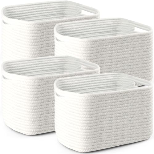 4 Pack Storage Baskets for Organizing, 11''Lx9''Wx8''H Woven Baskets for Storage Toys, Towels, Books, and Clothes, Cotton Rope Basket for Shelves with Handle - color: White, size: Large