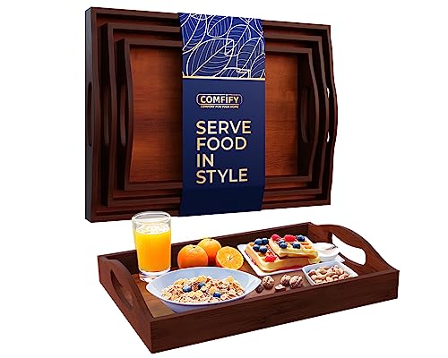 Comfify Dark Brown Bamboo Serving Trays Set of 3 – Nesting Ottoman Trays | Dark-stained bamboo with walnut tones; cutout handles; for coffee table, bar and bedroom dresser; S: 12", M: 14.5", L: 16.25" - color: Dark Brown
