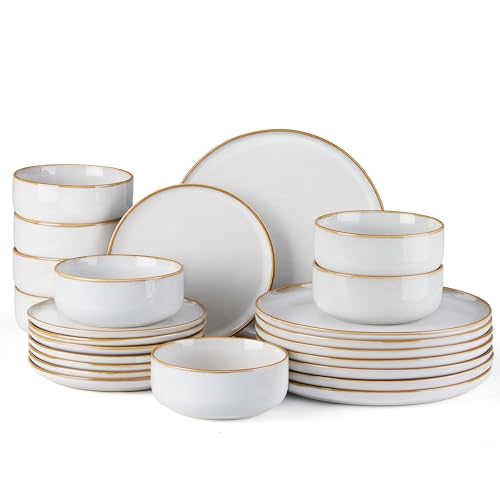 E-far Plates and Bowls Set for 8, 24-Piece Stoneware Dinnerware Sets, Ceramic Dinning Ware Reactive Glaze Dishes Set, Microwave & Dishwasher Safe - Seashell White - color: Seashell White, size: Service for 8