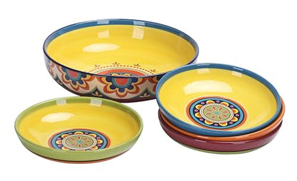 Bico Tunisian Ceramic Pasta Bowl, Set of 5(1 unit 214oz, 4 units 35oz), for Pasta, Salad, Microwave & Dishwasher Safe - style: Tunisian