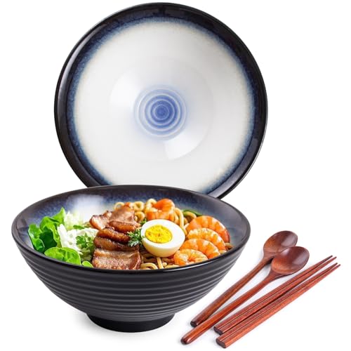 Ceramic Japanese Ramen Bowl Set, 2 Sets Asian Pho Udon Soup Noodle Bowls with Spoons and Chopsticks (Black/Blue, 8 inches) - color: Black/Blue