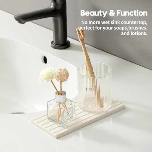 2 Pack Greige Bathroom Sink Vanity Trays, Diatomite Stone Kitchen Counter Caddy Dish Soap Dispenser Sponge Holder, Water Absorbing Mat Organizer for Plant,Cosmetic Bottle, Beige, 8"x3.8" - color: 2pcs - 8"x 3.8" - Beige