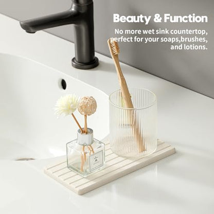 2 Pack Greige Bathroom Sink Vanity Trays, Diatomite Stone Kitchen Counter Caddy Dish Soap Dispenser Sponge Holder, Water Absorbing Mat Organizer for Plant,Cosmetic Bottle, Beige, 8"x3.8" - color: 2pcs - 8"x 3.8" - Beige