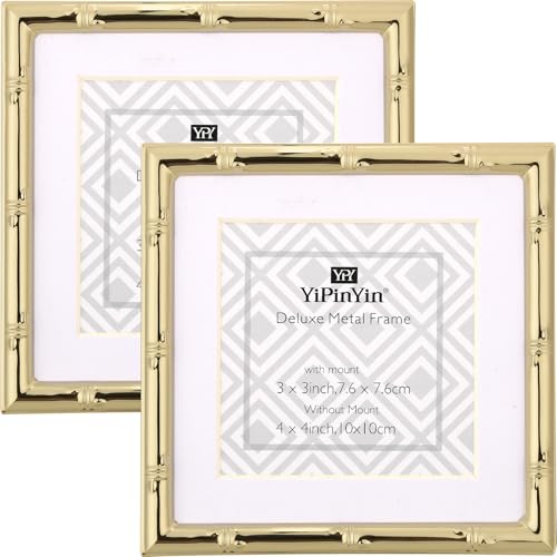 YiPinYin 4x4'' Gold Bamboo Design Metal Frame with mat for 3x3'' Set of 2, 3x3'' Elegant Gold Plated Metal Frame, Soft Touch Velvet Mat Desktop Frame - color: Gold, size: 4x4 Mat 3x3 2PK