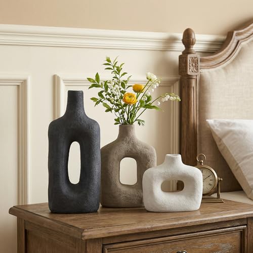 DREAMLOOM Ceramic Vase Set of 3, Black, Rust | Square Cutout, Farmhouse Rustic, Wabi-Sabi, Home Decor, Living Room Bedroom Kitchen Shelf Centerpiece - color: Rust Red Combo - Hollow Design