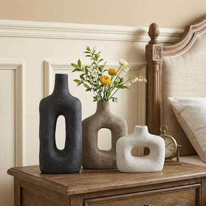 DREAMLOOM Ceramic Vase Set of 3, Black, Rust | Square Cutout, Farmhouse Rustic, Wabi-Sabi, Home Decor, Living Room Bedroom Kitchen Shelf Centerpiece - color: Rust Red Combo - Hollow Design