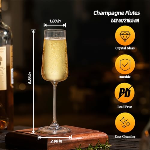 KAMMAK Champagne Flutes, Crystal Glass,220ML Champagne Glasses, Set of 2 | Clear Champagne Flutes with Long Stem and Thin Rim for Wine, Weddings, Anniversaries, Parties and Gifts, CP23 - style: Cp23