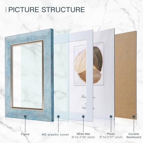 XUANLUO 5x7 Picture Frames Set of 4 Rustic Retro Photo Frame with HD Plastic Cover for Wall Mount and Tabletop Display Family Friends Wedding Gift - color: Blue-4pcs, size: 5 x 7 inch