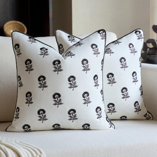 FIOUOVO Embroidered Floral Pillow Covers 20x 20 Set of 2 Cotton Farmhouse Throw Pillow Covers with Piping Edge Decorative Cushion Covers for Sofa Couch Bedroom Living Room, Black - color: Black, size: 20" x 20" (Pack of 2)