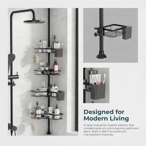 Tension Pole Shower Caddy, 4-Tier Corner Organizer with Hooks & Side Boxes, Thickened Carbon Steel No-Drill Standing Bathroom Storage for Tub & Shower