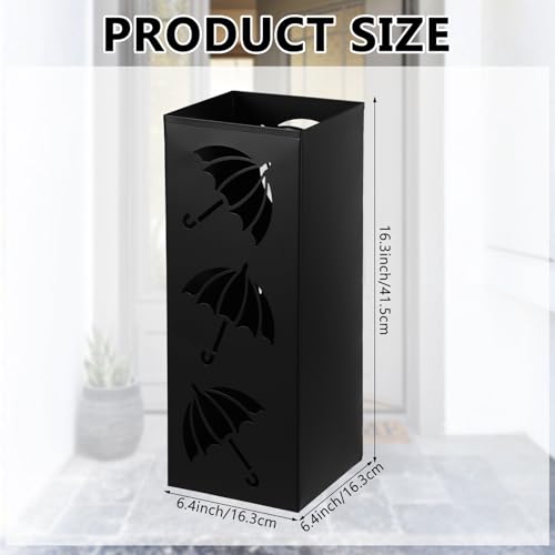 Metal Umbrella Holder Square Umbrella Stand Rack for Entryway Freestanding Rain Collection Umbrella Organizer Heavy Canes Walking Sticks Stand Rack for Indoor Home Office, 6.4" x 6.4" x 16.3", Black