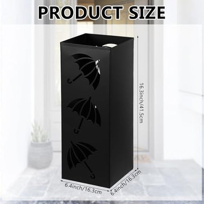 Metal Umbrella Holder Square Umbrella Stand Rack for Entryway Freestanding Rain Collection Umbrella Organizer Heavy Canes Walking Sticks Stand Rack for Indoor Home Office, 6.4" x 6.4" x 16.3", Black