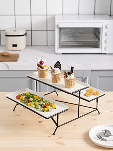 Kanwone 2 Tier Serving Stand With White Porcelain Platters, 14.5" x 6" Tiered Tray for Entertaining Party, Dessert Stand With Black Metal Base - style: Style2