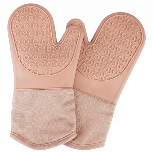 Silicone Oven Mitts 2-Pack, 13.5" Heat Resistant 500°F, Non-Slip BPA-Free with Soft Cotton Lining, Kitchen Gloves for Baking, Cooking, BBQ & Grilling (Pink) - color: Pink
