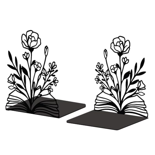 5.3"x4.3"x7.9" Metal Bookends, Heavy Duty Book Ends for Shelves | Books and Flowers Theme Cast Iron Book Supports, 1 Pair Decor Stoppers for Desk, Library, Office & Home Shelves - style: Books and Flowers