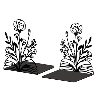 5.3"x4.3"x7.9" Metal Bookends, Heavy Duty Book Ends for Shelves | Books and Flowers Theme Cast Iron Book Supports, 1 Pair Decor Stoppers for Desk, Library, Office & Home Shelves - style: Books and Flowers