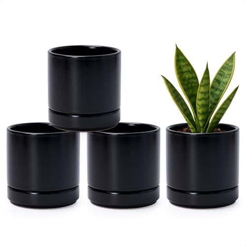 D'vine Dev 4-Pack Ceramic Pots with Saucers, Black, 4.7 in, 94-X-B-2 | Glazed Ceramic, Drainage Hole and Saucer, Sleek Cylinder Shape, High Temperature Fired, Ideal for Small Houseplants - color: Black, size: 4.7 Inch