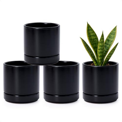 D'vine Dev 4-Pack Ceramic Pots with Saucers, Black, 4.7 in, 94-X-B-2 | Glazed Ceramic, Drainage Hole and Saucer, Sleek Cylinder Shape, High Temperature Fired, Ideal for Small Houseplants - color: Black, size: 4.7 Inch