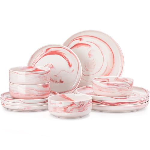 MALACASA 12 Pcs Porcelain Plates and Bowls Sets,Dinnerware Set for 4,Pink | Modern Ceramic Dishware Set,Kitchen Dining Ware,Microwave and Dishwasher Safe,Unique Marble Pink Design,Series LUNA - color: Marble Pink, size: 12 Pcs (Service for 4)