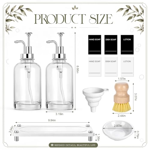 Kitchen Soap Dispenser Set, 2 Pcs 16 oz Clear Glass Bottles with Pump, Instant Dry Diatomite Tray Waterproof Labels Dish Brush and Holder Non-Slip Base for Kitchen and Bathroom(White)