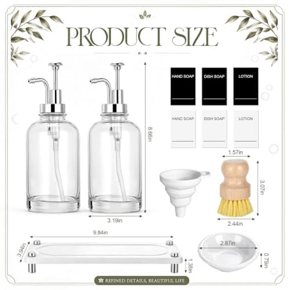 Kitchen Soap Dispenser Set, 2 Pcs 16 oz Clear Glass Bottles with Pump, Instant Dry Diatomite Tray Waterproof Labels Dish Brush and Holder Non-Slip Base for Kitchen and Bathroom(White)
