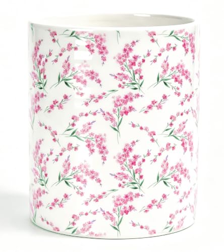 Kitchen Utensil Holder,7.2-inch Extra Large Sturdy Ceramic Cherry Floral Pattern Utensil Crock,Cooking Utensil Organizer for Kitchen Counter Decor,Storage Caddy Farmhouse Gift Pink Blossom - color: Pink Blossom